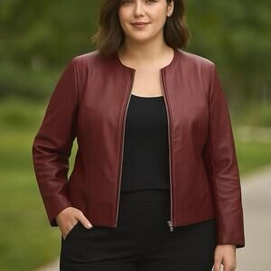La Nouvelle XL Full Zip Genuine Leather Jacket Burgundy Wine Zipper Collarless